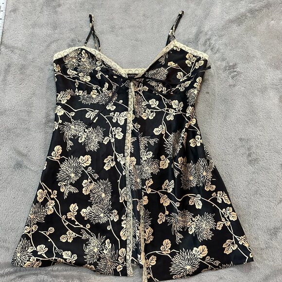 Victoria's Secret Tie Front Open Nightie Lingerie SMALL Black Tan Floral Silky - Picture 1 of 5